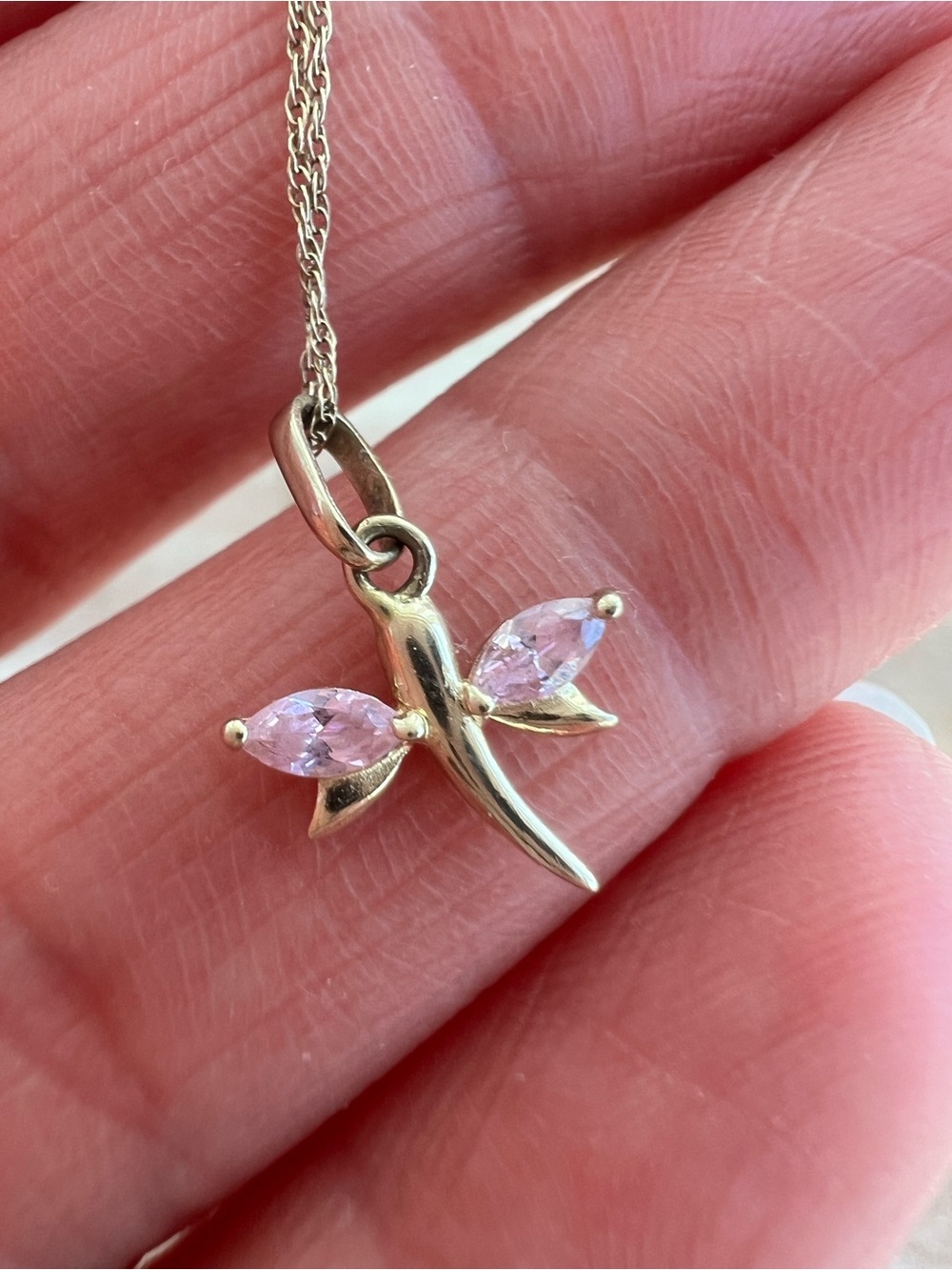 10KT Solid Gold Dragonfly Pendant Necklace with Pink Sapphires